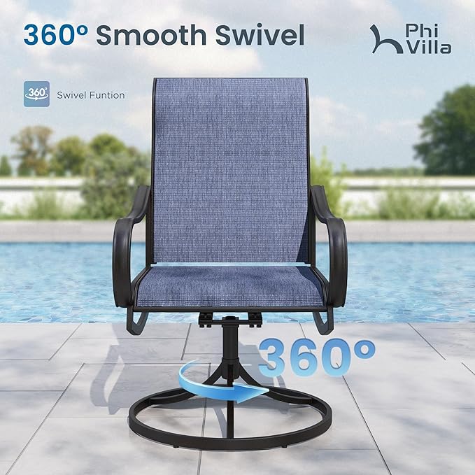 PHI VILLA Outdoor Dining Set with Umbrella for 6, Swivel Mesh Chairs | Includes 1 rectangle metal table, 6 textilene chairs and 13ft beige umbrella(NO BASE), designed for deck, backyard, garden