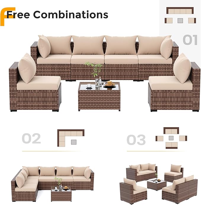 UDPATIO Furniture Set, 7 Piece Sectional Sofas with Wicker Coffee Table, Conversation for Garden, Backyard, Khaki
