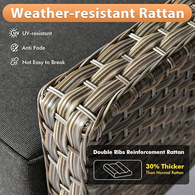 6 PCS Outdoor Patio Furniture Sets,Patio Conversation Sets Outside Rattan Soft Cushion Sofa with 2 Wicker Rocking Chairs & 54 in Fire Pit Table Fit Backyard Porch Garden Poolside Balcony,Black