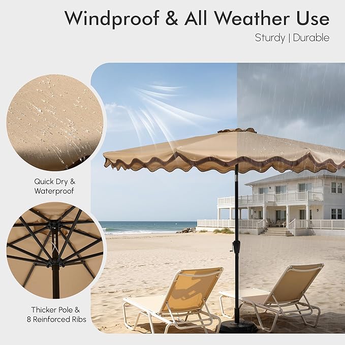 Weaxty 10FT Patio Umbrella, Trendy Color Scalloped Edge, UV-Resistant Canopy Outdoor Table Market Umbrella, Tilt Adjustment, Crank, Heavy-duty 8 Ribs for Backyard Poolside Deck Beach Lawn Backyard