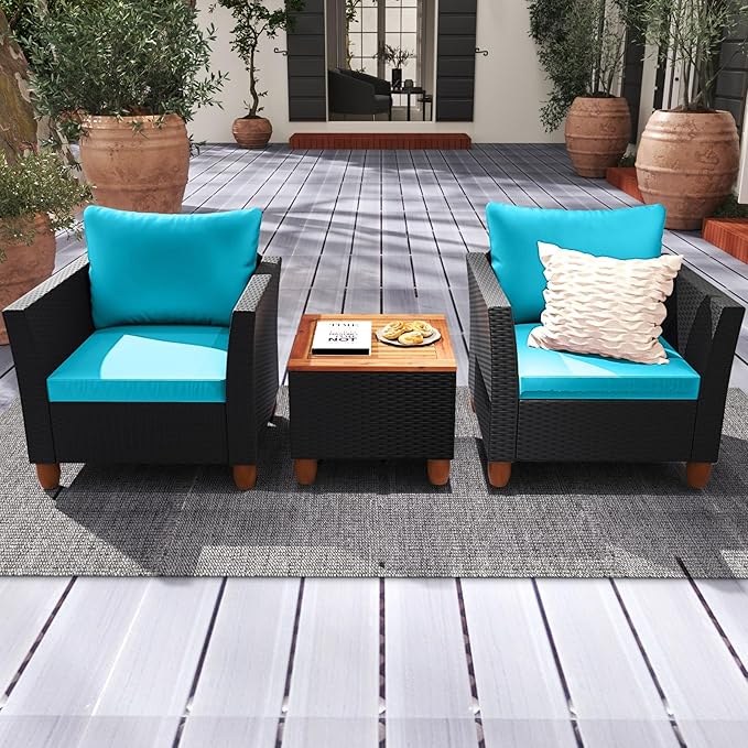HAPPYGRILL 3 Pieces Patio Conversation Set with Storage Coffee Table, PE Rattan Wicker Patio Furniture Set with Cushions, Outdoor Acacia Wood Sofa Set for Balcony Backyard Porch Garden