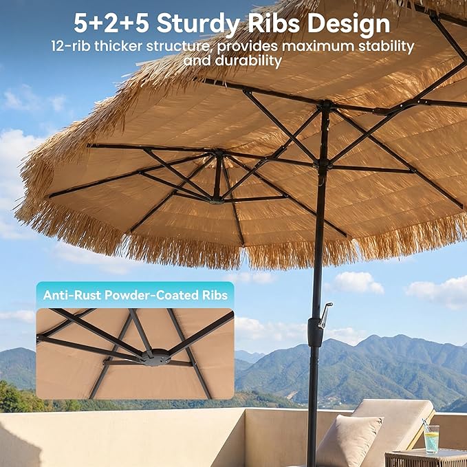 COSIEST 13FT Large Patio Umbrella with Crank, Outdoor Double-Sided Tiki Beach Umbrella, Rectangular Market Umbrella with 12 Sturdy Ribs for Garden、Pool、Deck Shade