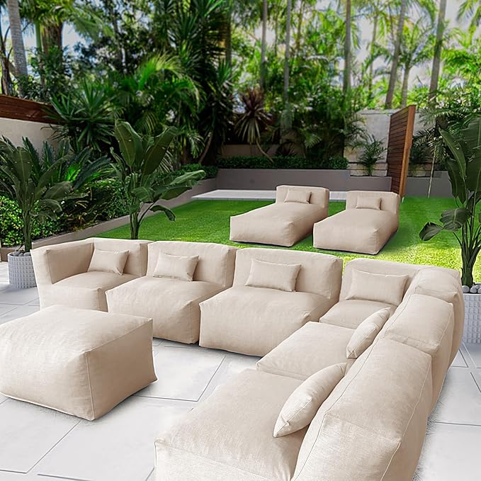 Patio Conversation Set Bean Bag Eraclea 9C Outdoor Chairs Sectional Daybed Furniture Outdoor Sofa Couch High Density Foam Filling Modern Comfy Patio Couch (Light Beige)
