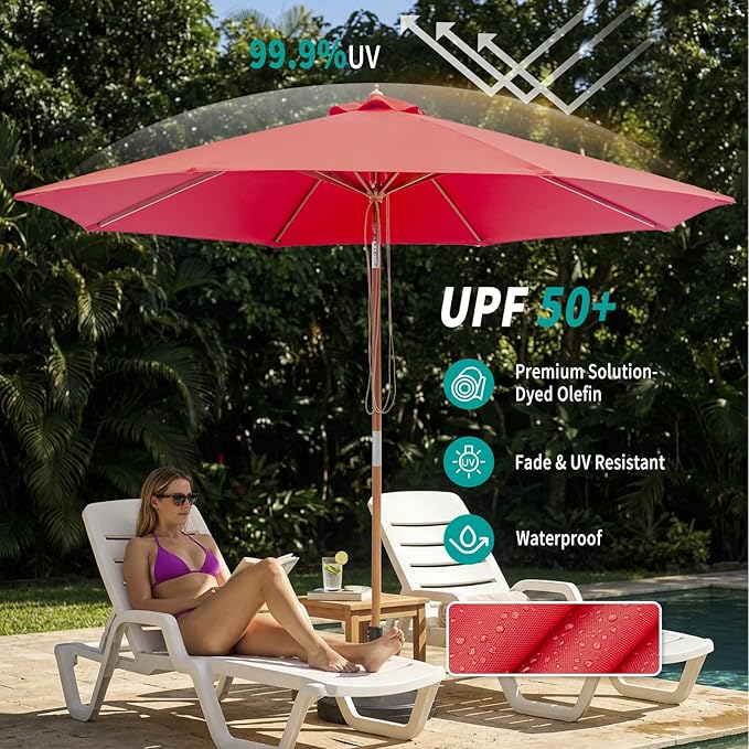 9FT/10FT Bamboo Patio Umbrella, Large Outdoor Umbrella with UPF 50+ Sun Protection, Rope Pulley Lift & Push-Button Tilt, 8-Rib Ventilated Canopy for Garden, Deck, Backyard & Outdoor Dining