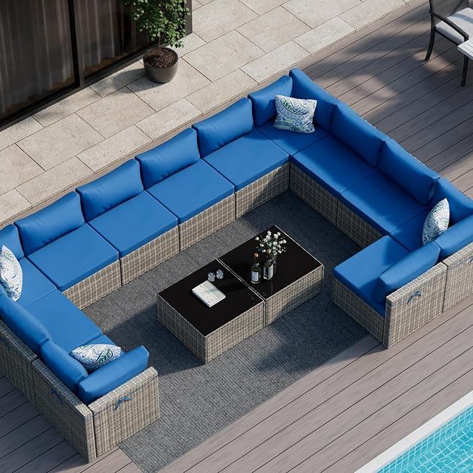 14-Piece Gray Rattan Patio Furniture Sets, Outdoor Conversation Sofa Sets with Water Resistant Blue Cushions & Tempered Glass Coffee Table, Modular Outdoor Sectional Sofa Sets with 2 Pillows