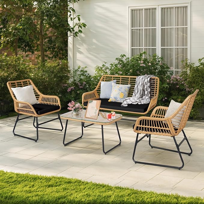 4 Piece Outdoor Wicker Patio Conversation Bistro Set, Rattan Patio Furniture Set with Table and Cushions, Conversation Loveseat Chairs for Backyard, Balcony, Black