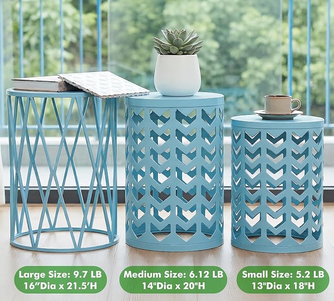 Y&M Set of 3 Round Heavy-Duty Side Table End Table, Coffee Table for Indoor Multifunctional Use, Outdoor Decorative Garden Stool Plant Stand-Light Blue