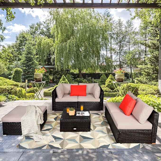 COSTWAY 6-Piece Outdoor Patio Furniture Set, Rattan Sectional Sofa Set with Tempered Glass Coffee Table, Cushions and Ottoman for Garden, Deck, Backyard (Beige)