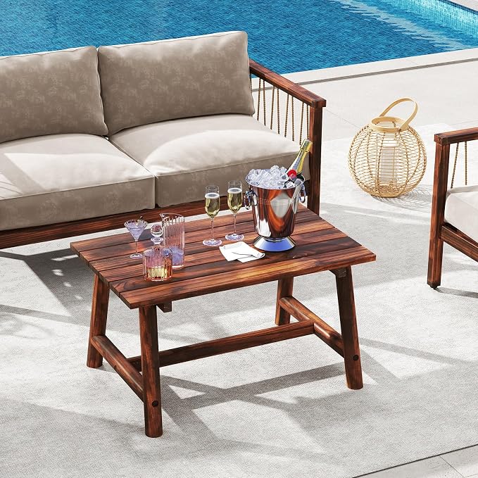 HAPPYGRILL Outdoor Wood Coffee Table, Japanese Floor Low Tea Table with Slatted Tabletop, Rectangle Patio Side End Table for Poolside Garden Living Room