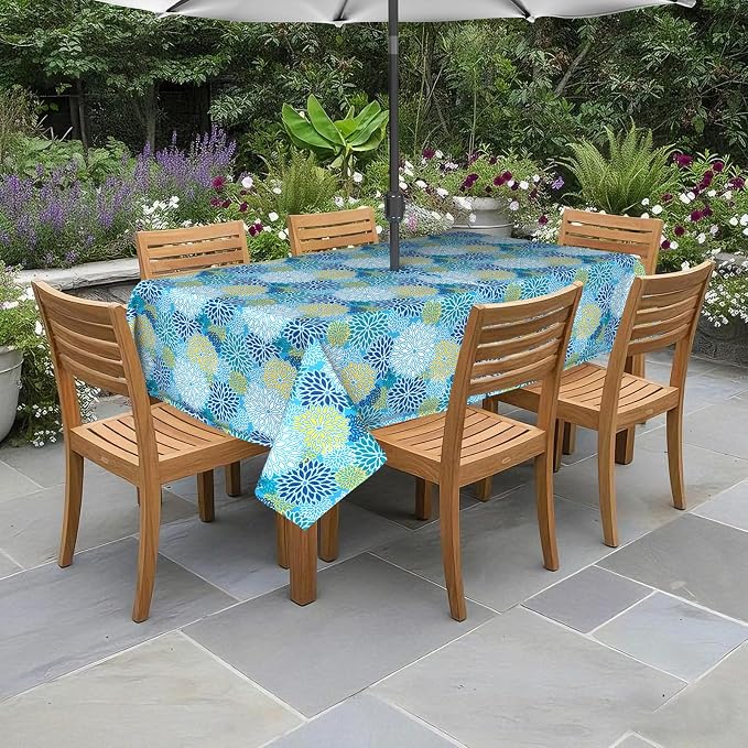 DYTXIII Outdoor Rectangle Tablecloth with Umbrella Hole and Zipper 84" x 60", Water Repellent Floral Picnic Cover, Fade & Wrinkle Resistant Tablecloth for Patio/Garden/Party Table, Dahlia Blue