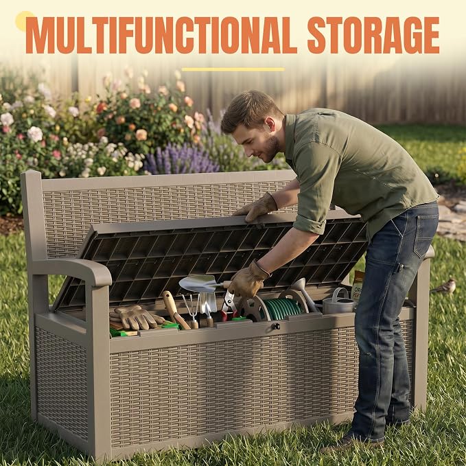 Storage Bench Outdoor Deck Box,100 Gallon Waterproof & UV Resistant Lockable Patio Furniture Seating.Indoor/Outdoor Shoe Storage Cabinet for Garden Cushions,Tools,Patio,Pool Supplies
