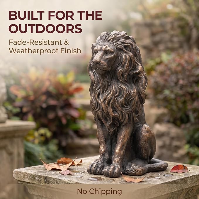 20.5" Brown Lion Statue, Resin Outdoor Guardian Sculpture | Weather-Resistant Finish, Simulated Animal Decor, For Villa Garden Park Resort, Home Courtyard