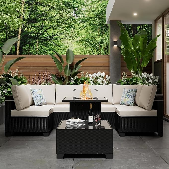 8 Pcs Patio Furniture Set with Fire Pit Table Wicker Outdoor Sectional Sofa, Conversation Set Perfect for Backyard, Garden, Deck (Coffee/Beige)