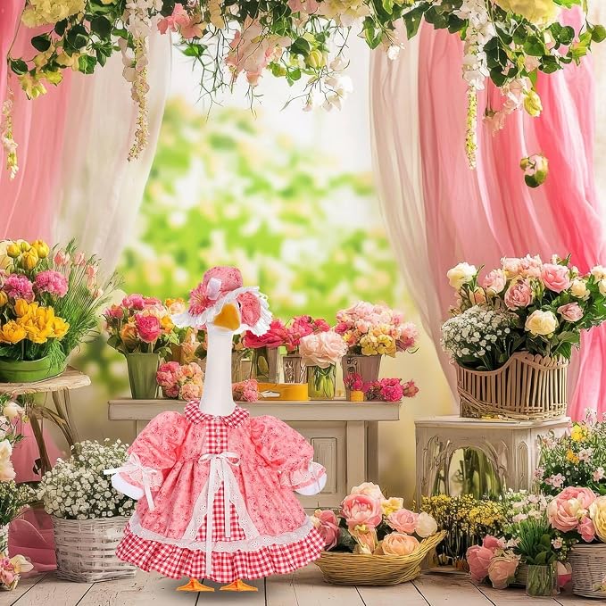 Spring Flower Goose Outfit Daisy Rose Floral Dress for 23'' Cement Plastic Goose Statue for Valentines Day Summer Outdoor Garden Yard Patio Lawn Decor(Pink Rose)
