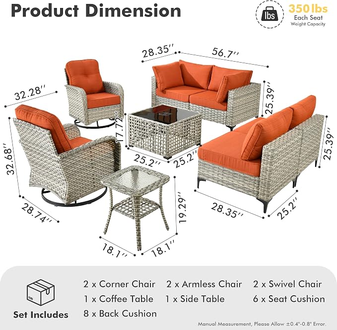 8 Pieces Wicker Patio Furniture Set,Outdoor Sectional Sofa with Swivel Chairs Coffee Table,Outside Deep Seat Rattan Couch Conversation Set,Orange Line