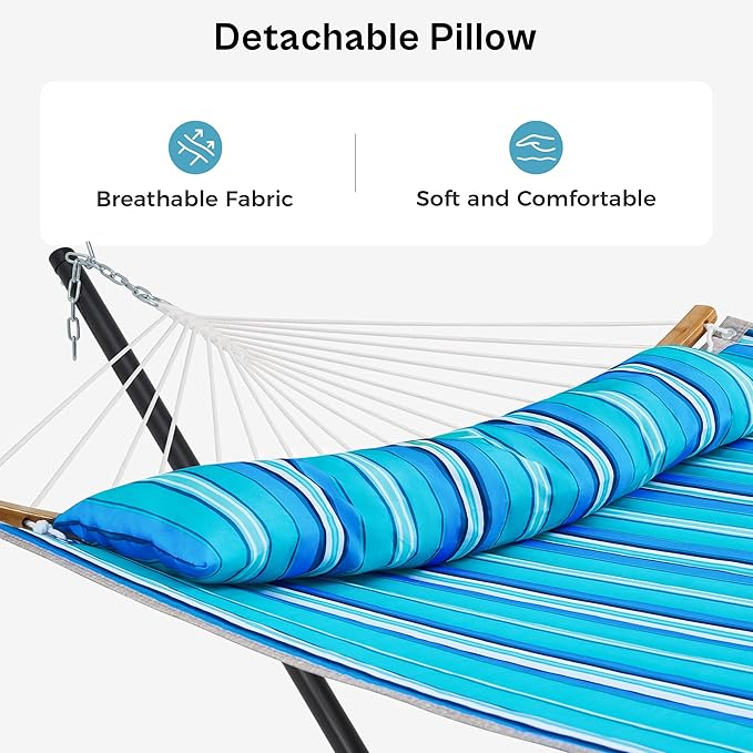 SUPERJARE Hammock with Stand, 2 Person Heavy Duty Hammock with Padded Cotton, Detachable Pillow & Strong Curved-Bar & Portable Carrying Bag, Perfect for Outdoor & Indoor, Aqua Blue