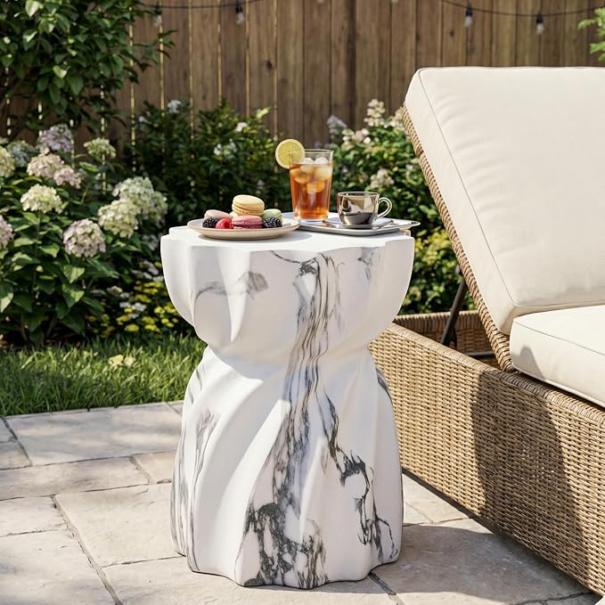 Merax 19.29" H Modern Outdoor Concrete Side Table, Patio End Table with Sculptural Fluted Design, Weather-Resistant Hourglass Shape Accent Table for Garden, Balcony & Poolside, Faux Marble