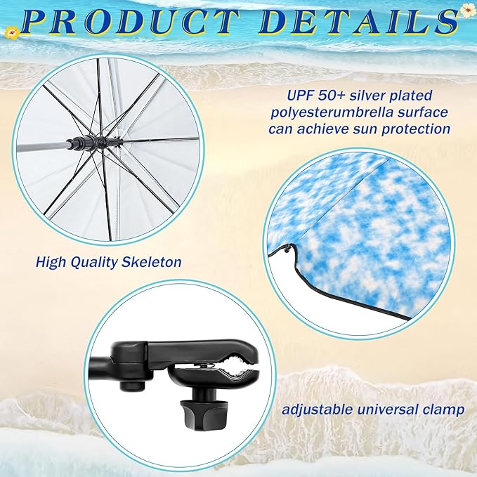 Buryeah 2 Pcs Beach Chair Umbrella Automatic with Universal Adjustable Clamp 44" UPF 50+ Portable Clamp on Beach Chair for Wheelchair Patio Golf Carts Camping