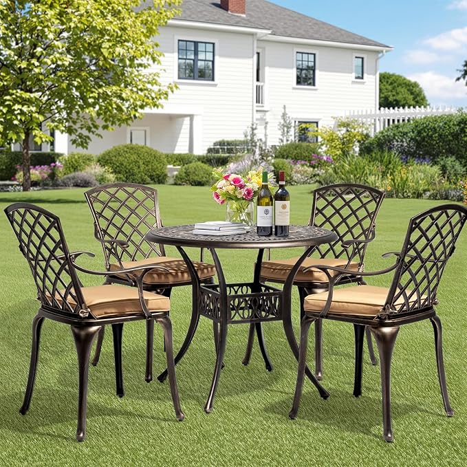 VINGLI 5-Piece Outdoor Patio Dining Set, Cast Aluminum All-Weather Outdoor Table and Chairs w/Cushion, Outdoor Furniture Set w/Umbrella Hole for Backyard Deck Poolside (Round, Grid Back)