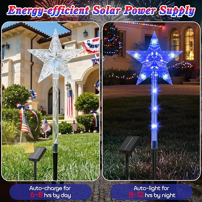 Lewondr 4th of July Decorations Outdoor, 6Pcs Solar Pathway Lights with 90 LEDs, 8 Modes Red White and Blue Star Fouth of July Decor, Waterproof Patriotic Solar Lights for Yard Garden Independence Day