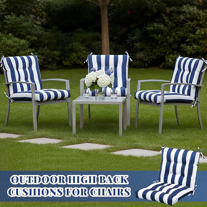 Marsui 4 Pcs Outdoor Indoor High Back Chair Cushions Patio Furniture Tufted Pillow with Ties Water-Resistant Replacement Outdoor Rocking Chair Cushions, 42 x 21 Inches (Blue White Stripes,Stripes)