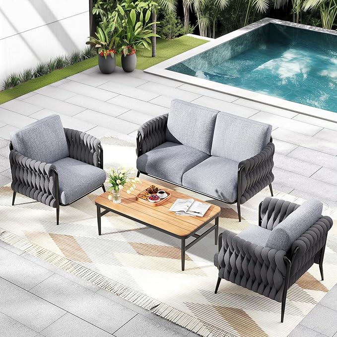 Patio Furniture Set, 4-Seat Outdoor Sofa Furniture Deep Seating with Coffee Table, Metal Patio Conversation Sets with Waterproof & Extra-Thick Cushions for Garden, Poolside, Backyard