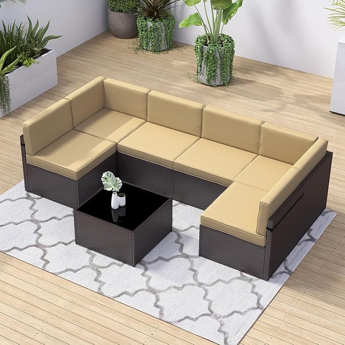 kinbor 7-Piece Outdoor Sectional Patio Furniture Set - Brown PE Wicker Outdoor Couch with Thick Cushions, Luxury Patio Set for Backyard, Poolside, Porch, Khaki