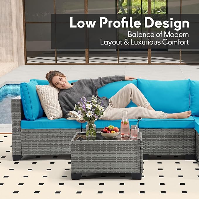 Bonzy Home 7 Pieces Outdoor Patio Furniture Set, PE Rattan Outdoor Sectional Furniture Sofa Set with Removable Cover and Glass Coffee Table, Patio Sofa for Balcony, Porch, Garden, (Grey-Turk Blue)