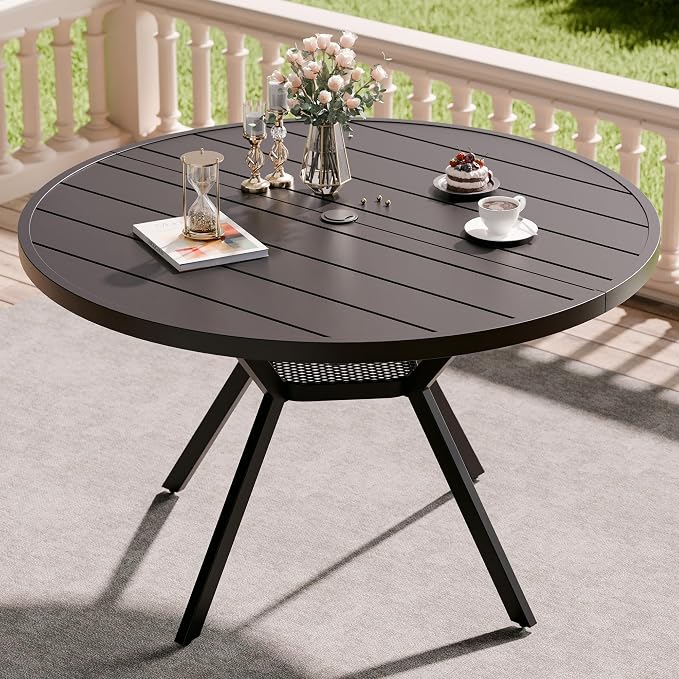 Betterhood 42” Outdoor Patio Table, Metal Patio Dining Table for All Weather, Round Outdoor Coffee Table, Patio Table with Adjustable Umbrella Hole or Garden, Backyard and Porch
