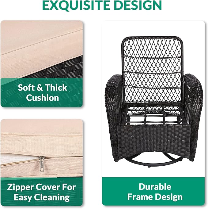 VIVIJASON 3-Piece Outdoor Conversation Bistro Set, Patio Swivel Glider Rocking Chairs Rattan Furniture Sets w/ 2 Rattan Chairs, Cushions, Glass Top Side Table for Porch Backyard, Dark Brown