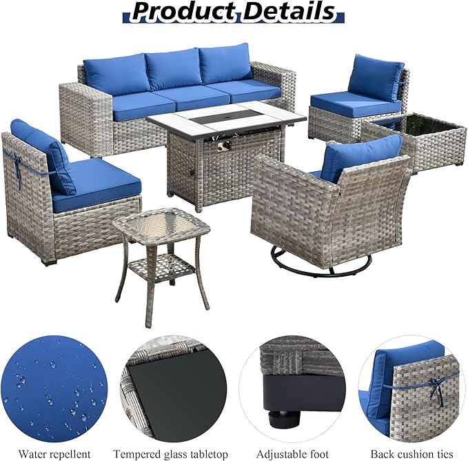 HOOOWOOO Outdoor Patio Sectional Furniture Sofa Set with Large Fire Pit Table,9 Piece Modern Wicker Couch with Swivel Chair,Modular Conversation Seating Set with Widened Armrest(Navy Blue)