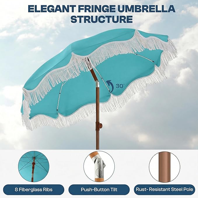 7ft Patio Umbrella with Fringe, Boho Beach Umbrellas, Outdoor Tassels Umbrellas with Push Button Tilt & Carrying Bag, 8 Windproof Fiberglass Ribs, UPF50+