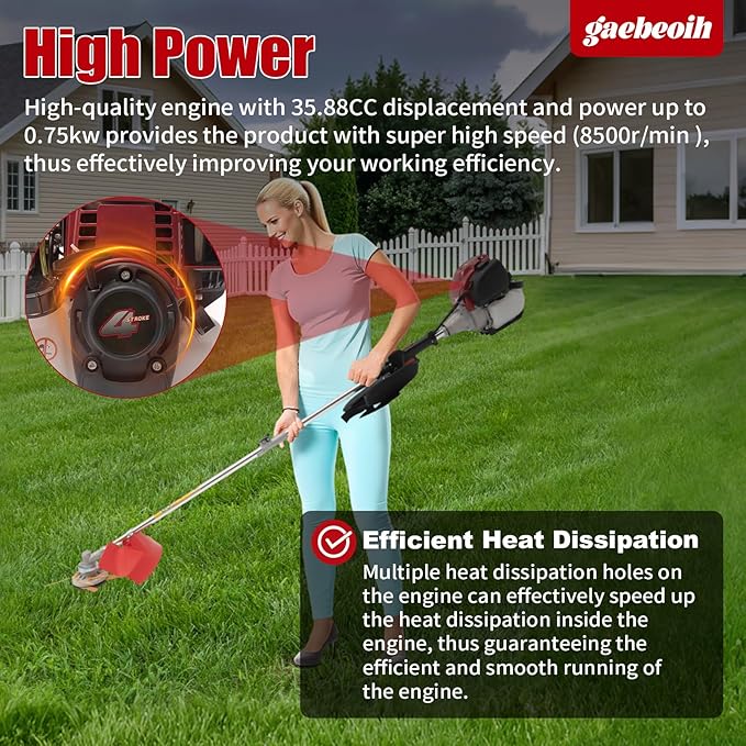 35.8CC Gas Weed Wacker, 2-Stroke String Trimmer/Edger Single Cylinder Air Cooled Engine Multi Purpose Gas Powered Weed Trimmer with Straight Shaft Lawnmower Strings for Home Lawn Tea Garden