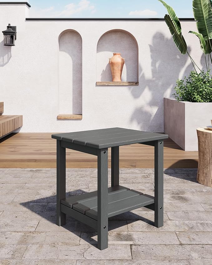 Garvee Adirondack Outdoor Side Table 18 x 15 in, HDPE 2-Tier Patio Side Tables for Outside, All-Weather End Table for Patio Pool Deck Indoor Backyard, Gray