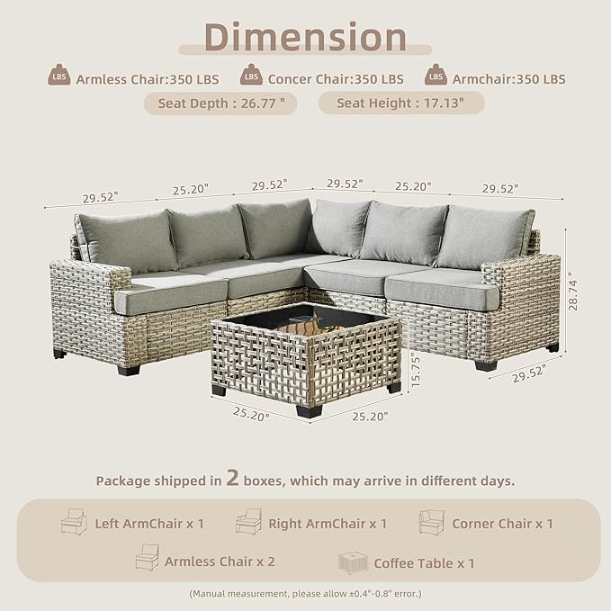 6 Pieces Outdoor Sectional Patio Furniture Set,Wicker Conversation Sets L Shaped Couch,Outdoor Sofa Outside Furniture with Solar Table Light(Dark Gray)
