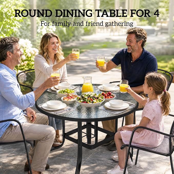 Outsunny 38" Round Patio Table with Umbrella Hole, Outdoor Dining Table Tempered Glass Metal Frame Bistro Table, for Deck, Yard, Balcony, Lawn, Pool, Black