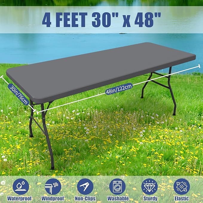 Moosfor Spandex 4 Foot Rectangle Table Cloth 2 Pack, Elastic Fitted Tablecloths for Picnic, Stretch Washable Patio Table Cover for Outdoor, Camping, Banquet and Parties (Grey, 30"x48")