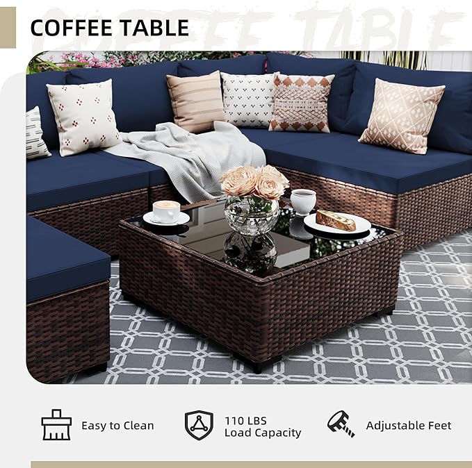 UPHA 9 Pieces Patio Furniture Sets, Wicker Outdoor Sectional Sofa Couch with Rectangle Propane Pit for Deck Backyard Garden, Brown Rattan, Navy Blue Cushion