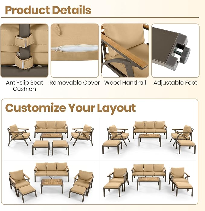 6-Piece Outdoor Patio Furniture Set, All Weather Conversation Set, Steel Frame Sofa Set with 3-Seat Couch, 2 Armchairs, 2 Ottomans & Acacia Wood Coffee Table for Backyard Garden (Brown-3.27)