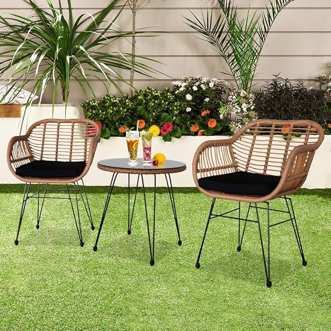 Patio Furniture Set, 3-Piece Outside Bistro Set Rattan Wicker Chairs, Tempered Glass Table, Outdoor Conversation Set,Outside Patio Conversation Sets