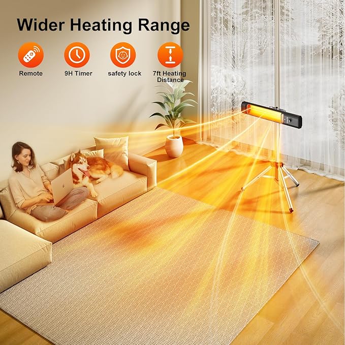 Outdoor Patio Heater w/Remote, Infrared Electric Heater with Tripod, 68''Adjustable Height, 9H Timer&Child Lock, IP65 Waterproof,Tip-Over&Overheat Protection, 1500W, Super Quiet For Outdoor/Indoor Use