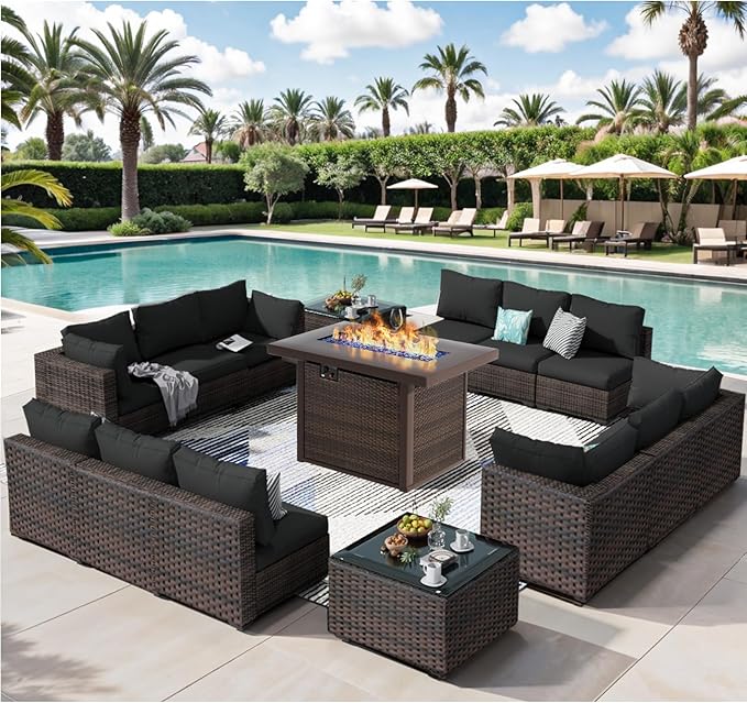 15 Pieces Patio Furniture Set with 44" Fire Pit Table, Rattan Outdoor Sectional Conversation Sets, All Weather Outdoor Furniture Set with Cushions for Garden Lawn Balcony Porch Deck Black