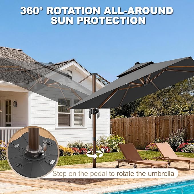 10x13FT Cantilever Outdoor Patio Umbrellas with Base, Double Top Wood Pattern Rectangle Umbrella, Heavy Duty 360°Rotation Offset Umbrella for Garden Deck Pool Patio, Grey