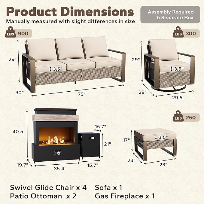 8 Pieces Metal Wicker Patio Furniture Set - 75" Sofa, Four Swivel Chairs and Two Ottomans, One Fireplace All Weather Rattan Outdoor Conversation Furniture with Washable Cushion for Deck, Beige