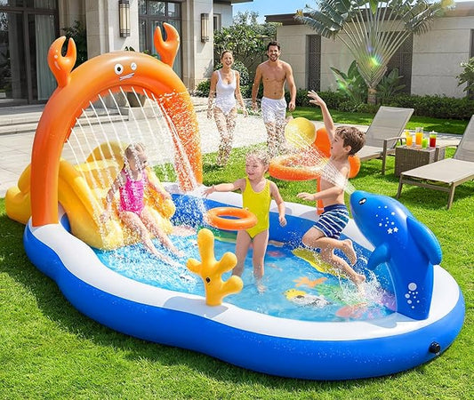 2026 Large Inflatable Play Center,Toddler Pool with Water Slide&Sprinkler,120"x70"x50"Inflatable Kiddie Pool with Slide,Backyard Kids Water Slide,Blow-Up Splash Pad for Toddlers