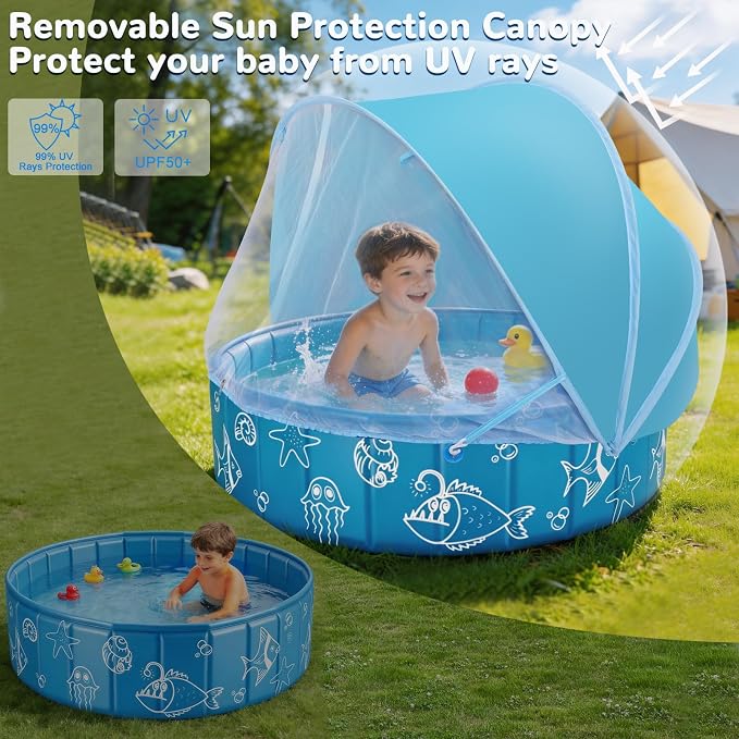 Foldable Kiddie Pool with Removable Canopy, 47in Portable Kids Swimming Pool for Baby Toddler, Summer Water Play Pool with Mosquito for Outdoor Backyard Beach