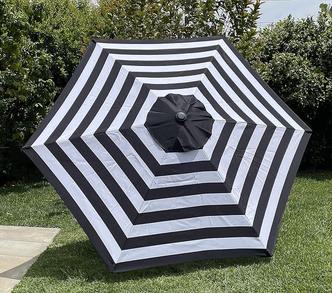 BELLRINO DECOR Replacement 9 ft 6 ribs BLACK/WHITE STRIPE in STRONG & THICK in Umbrella Canopy (Canopy Only)