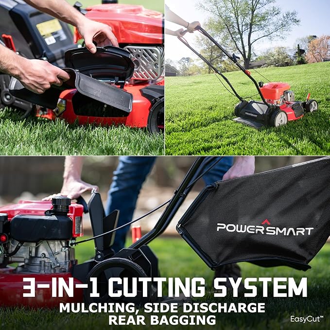 PowerSmart EasyCut 18-Inch 144cc Push Gas Lawn Mower, 3-in-1 Mulch/Bag/Side Discharge, Steel Deck, 6 Height Adjustment
