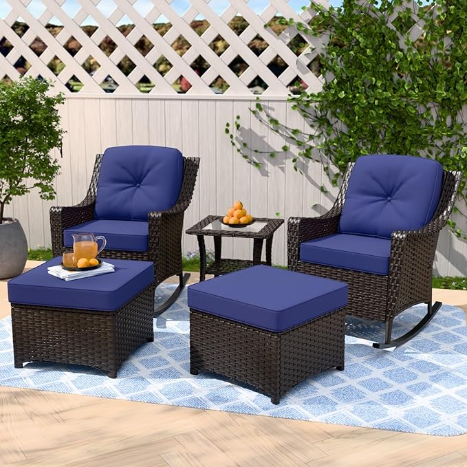 Stone Creek Outdoor Furniture Set with Rocking Chairs, Side Table & Ottomans, Wicker Patio Conversation Set, Balcony Furniture, 5 Piece, Brown/Blue
