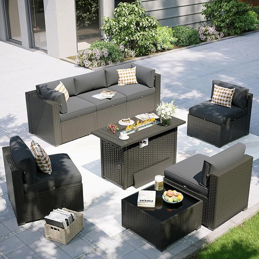 Aoxun Patio Furniture Set with Fire Pit Table, 8 Piece Outdoor Sectional Sofas, Wicker Rattan Outdoor Furniture with Thickened Cushion for Backyard, Garden Dark Grey